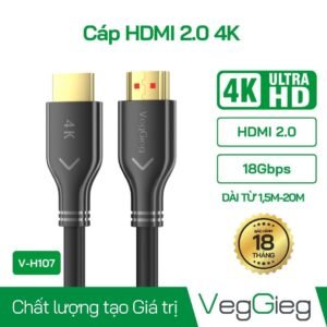 Cáp HDMI VegGieg 1.5m 2.0 4K 60Hz V-H107 – Băng Thông 18Gbps, Mạ Vàng 24K Chính Hãng | Vi Tính Hóc Môn